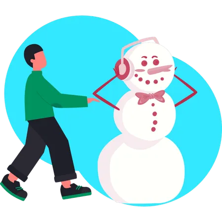 Joven mostrando al muñeco de nieve donde escucha música  Ilustración