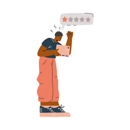 Un joven que expresa su insatisfacción por teléfono dejando una reseña negativa.  Ilustración