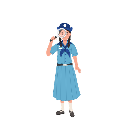Joven tailandesa uniforme de girl scout con lupa  Ilustración