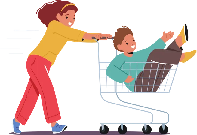 Joyful Kids Riding Supermarket Trolley Illustration