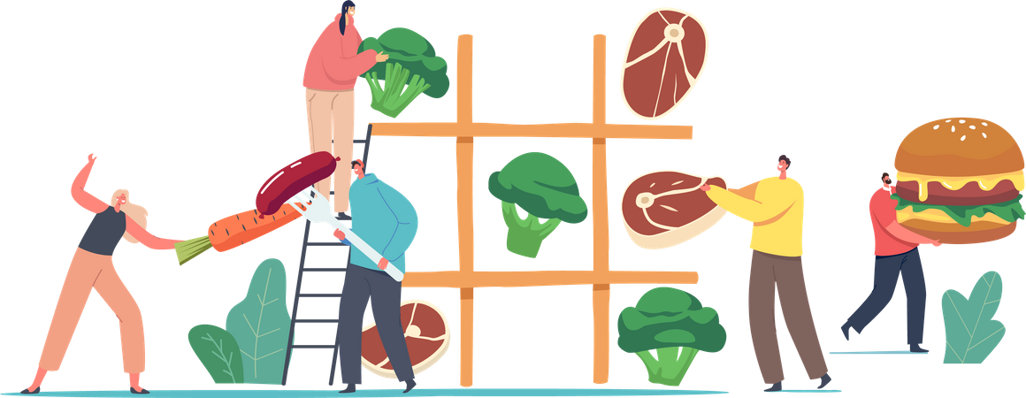 Juego de tres en raya con comida vegetariana versus comida no vegetariana  Ilustración