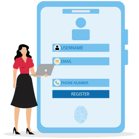 Junge Frau macht Online-Registrierung und Anmeldung mit Laptop  Illustration