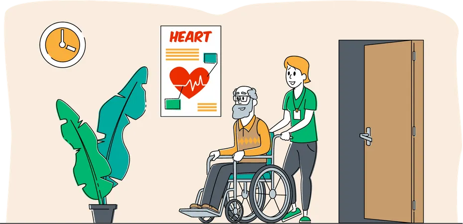Junge Krankenschwester und Sozialarbeiterin kümmert sich um kranken Senior im Rollstuhl  Illustration