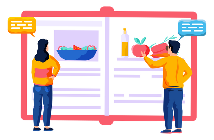 Jugendliche schauen sich ein Kochbuch an und diskutieren die darin enthaltenen Rezepte  Illustration