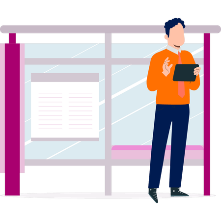 Junge steht an Bushaltestelle  Illustration