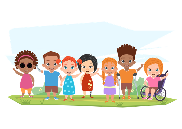 Kinder mit Behinderungen stehen zusammen  Illustration