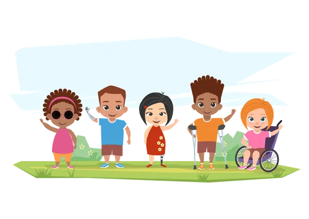 Kinder mit unterschiedlichen Behinderungen winken mit den Händen  Illustration