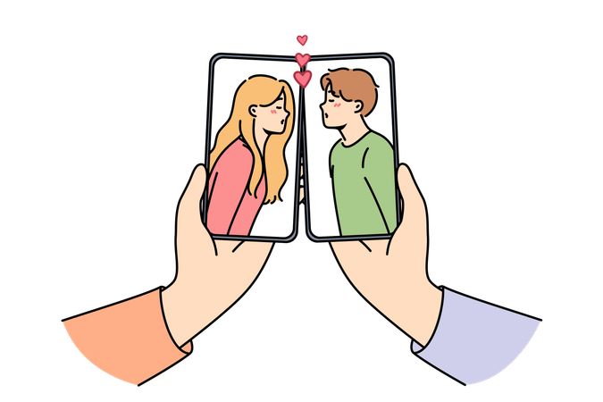 Kissing people in phone screens online dating and flirting through apps in smartphones  Illustration