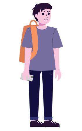 Kleiner Junge mit Rucksack und Telefon  Illustration