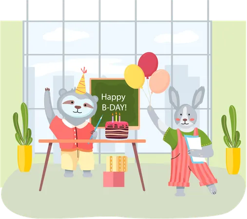 La compagnie des animaux célèbre les vacances avec un gâteau  Illustration