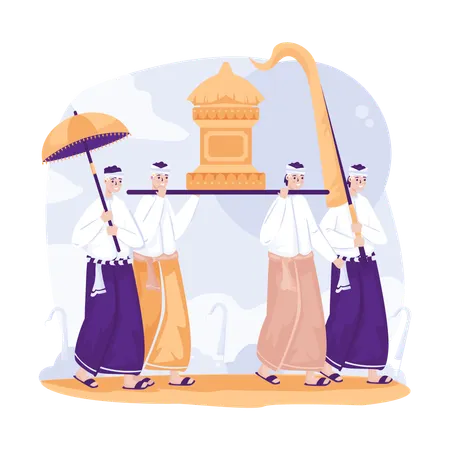 La gente celebra la tradicional ceremonia balinesa Ngaben  Ilustración