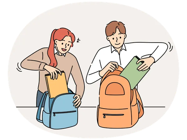 Lächelnde Schüler packen Rucksäcke in der Schule  Illustration