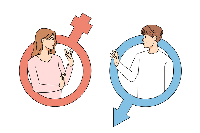 Lächelnder Mann und Frau sprechen in Geschlechtersymbolen  Illustration