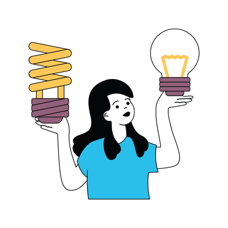Lady doing comparison fluorescent with electric bulb  イラスト