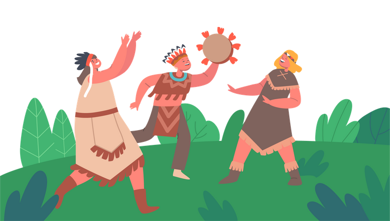 Les enfants portent des costumes traditionnels, jouent du tambour et dansent  Illustration