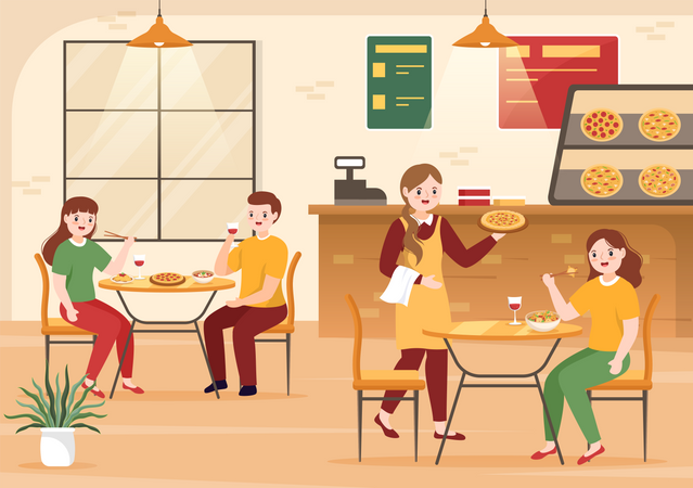 Personnes appréciant la pizza au restaurant italien  Illustration