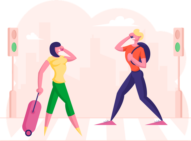 Menschen überqueren die Straße und telefonieren dabei  Illustration