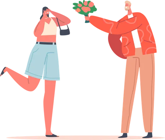 Linda garota envergonhada recebe buquê de lindas flores do namorado  Ilustração