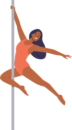 Linda personagem jovem ginasta aérea realizando dança em poste de metal  Ilustração