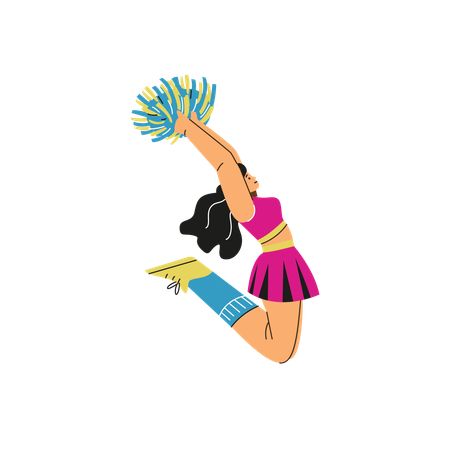 Linda líder de torcida segurando pompons e pulando alto  Ilustração