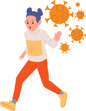 Little girl child running away from coronavirus viral infection  Illustration