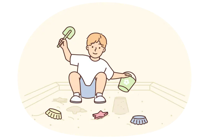 Little pre-teenage boy plays in sandbox enjoying outdoor recreation and summer walks  Illustration