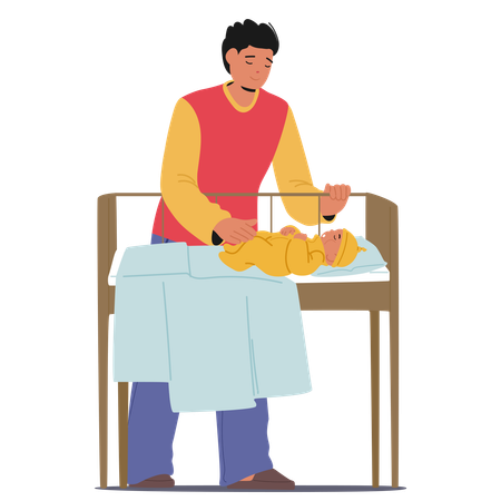 Loving Father Engages In Tender Care For Newborn Baby At Crib  Illustration