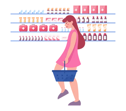 Mädchen kauft Medikamente in der Apotheke  Illustration