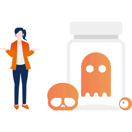 Mädchenständer mit einem Geister- und Totenkopfglas.  Illustration