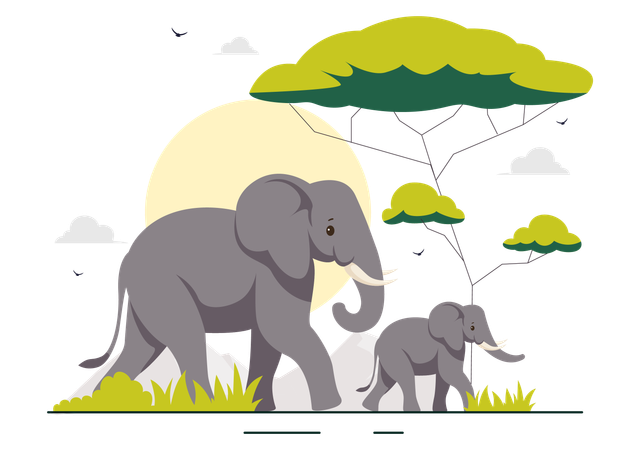 Mãe elefante dividindo quarto com filhote na selva  Ilustração