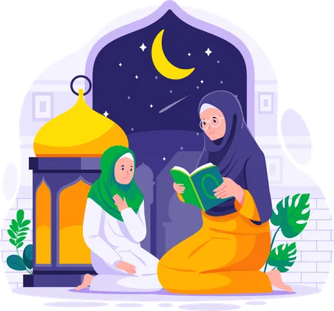 Mãe muçulmana ensina sua filha a ler o Alcorão  Ilustração