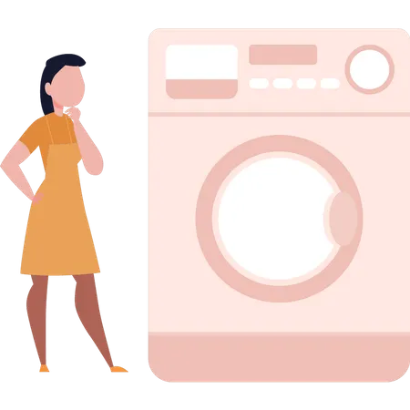 Maid looking at washing machine  Illustration