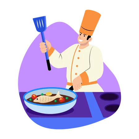 Male cook frying fish while holding spatula and frying pan  Illustration