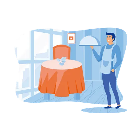 Male hotel waiter brings dish to serve banquet to hotel guests  Illustration