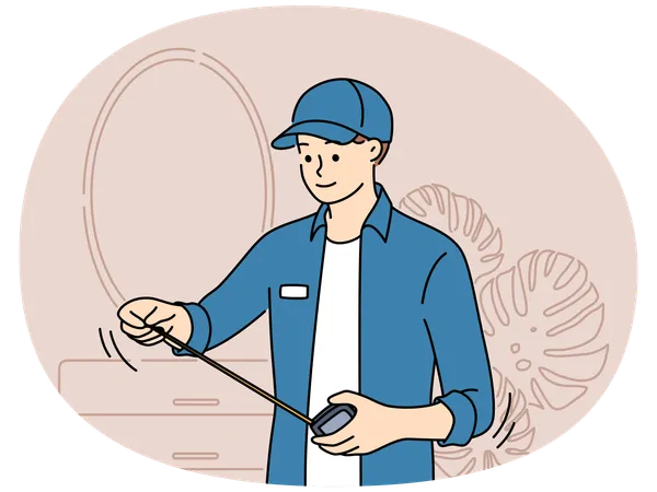 Male mechanic with measuring tape working in room in house  Illustration