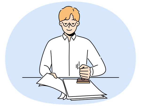 公証人事務所で書類に印鑑を押す男性  イラスト