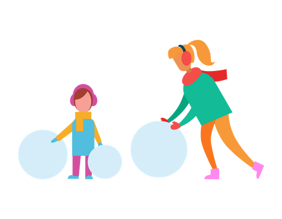 Mamá y su hijo hacen un muñeco de nieve con enormes bolas de nieve  Ilustración