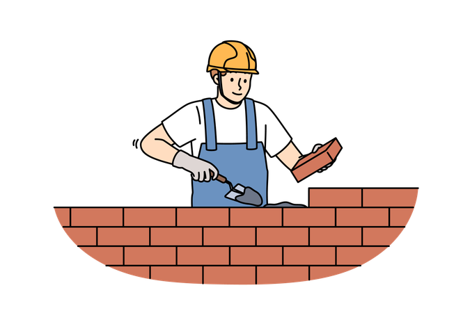 Man bricklayer builds brick wall by spreading concrete mortar to create strong house  Illustration