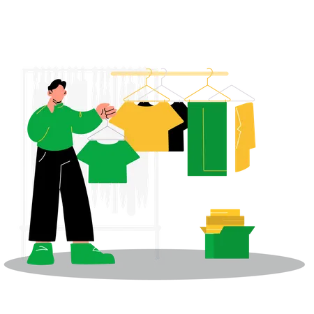 Man confused to choose cloth in shop  Illustration