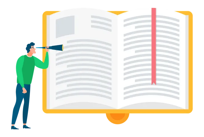 Man doing close inspection of book  Illustration