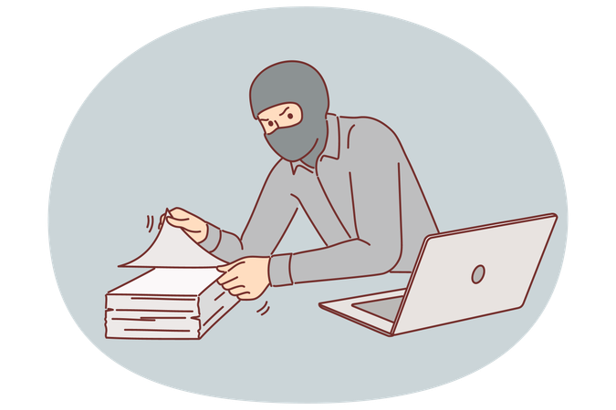 Man gangster steals documents from office building wearing mask to hide face and remain anonymous  Illustration