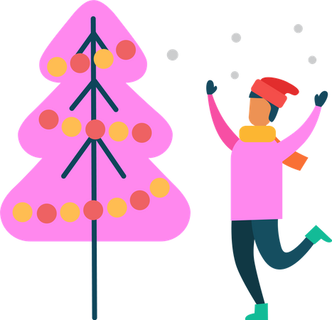 Man Have Fun Near Decorated chistmas Tree  Illustration