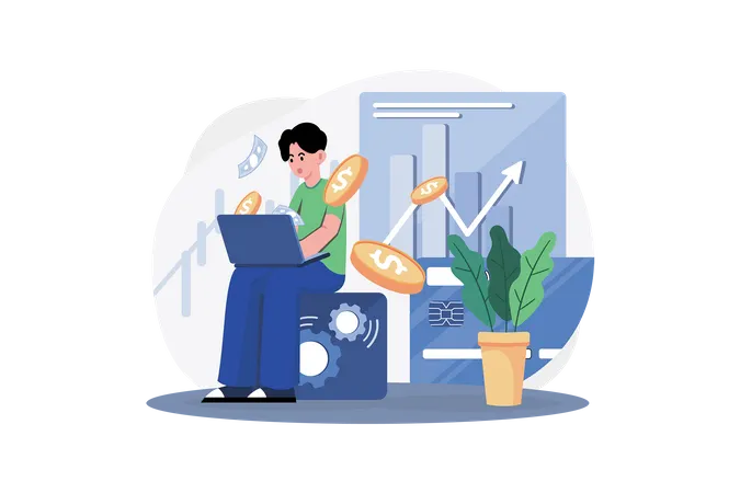 Man Investor Works On His Laptop  Illustration