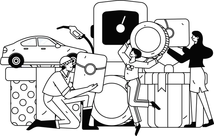 Man paying currency coin at petrol station  Illustration