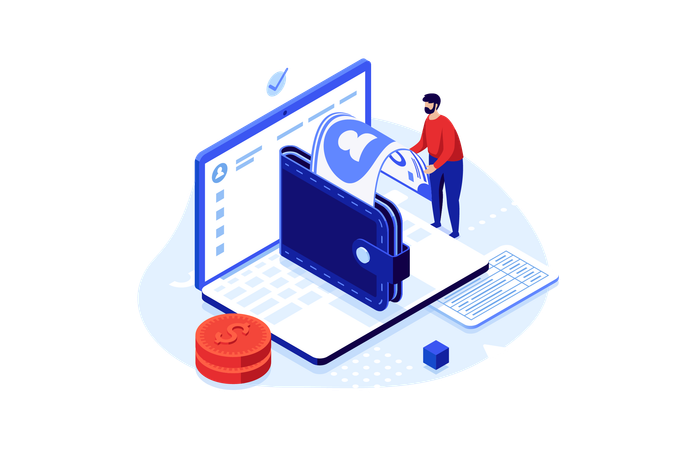 Man recharging online bank account via laptop  Illustration