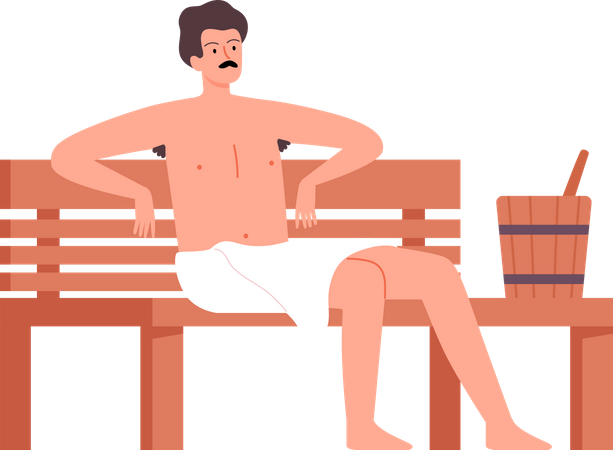 Man sitting on bench in sauna spa  Illustration