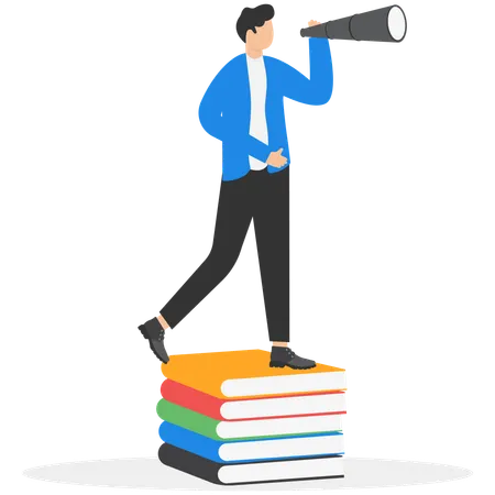 Man standing on book looking at something with telescope spyglass trying to find something  Illustration