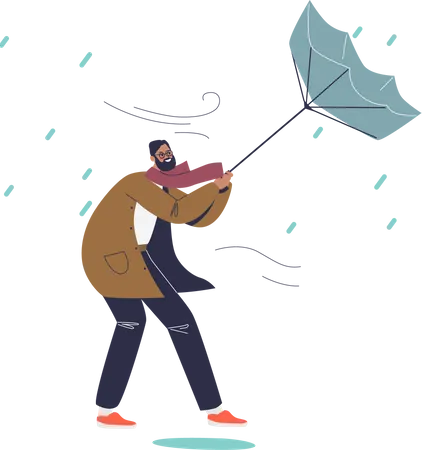 Man struggling with wind holding umbrella in rainy Illustration