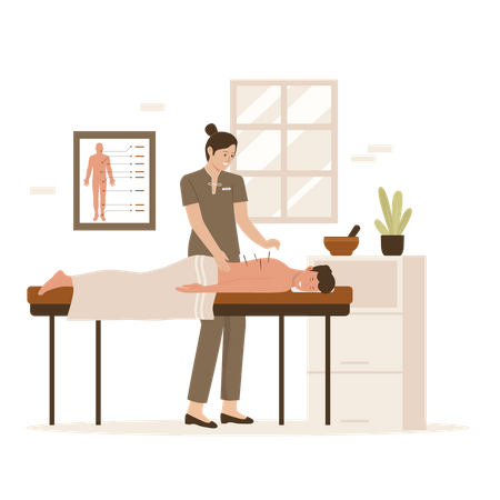 Man taking Traditional acupuncture therapy on back  イラスト