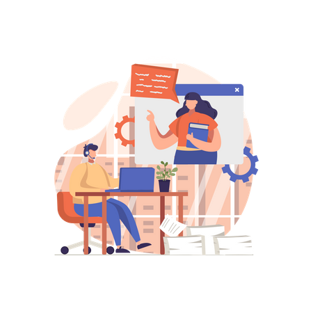 Man talking with online support assistant  일러스트레이션